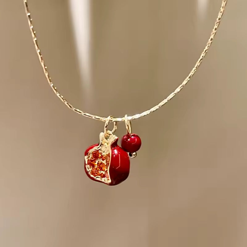 Gold Red Pomegranate Pendant Necklace for Women – Fruit Charm Choker Jewelry Gift