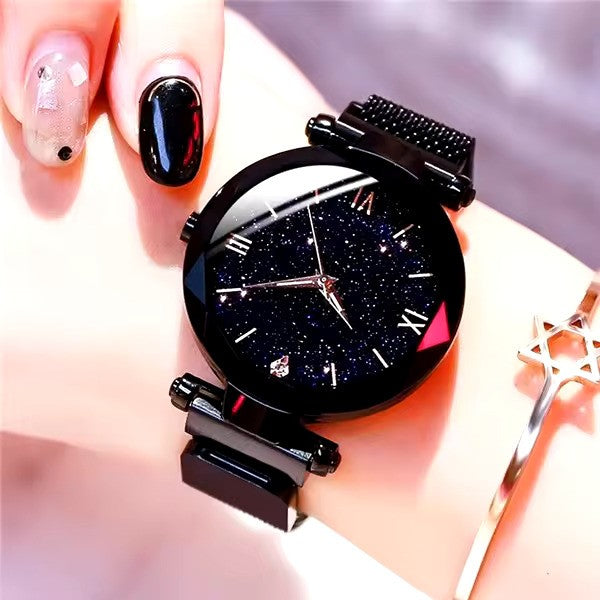 WoWomen's Fashion Starry Sky Watch – Magnetic Buckle Mesh Belt Diamond Quartz Dress Watch