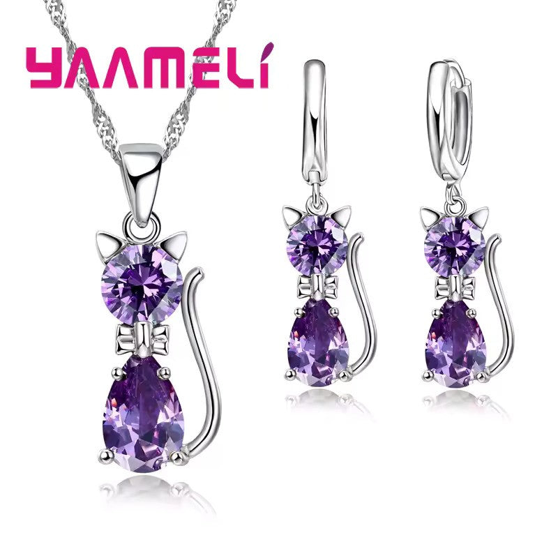 925 Sterling Silver Cat Jewelry Set – Adorable Sparkle for Cat Lovers