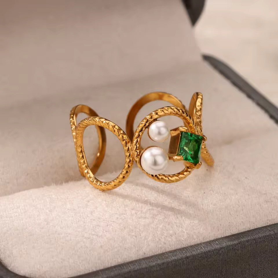 Vintage Green Zircon Adjustable Ring – Gold-Tone Stainless Steel Jewelry for Women