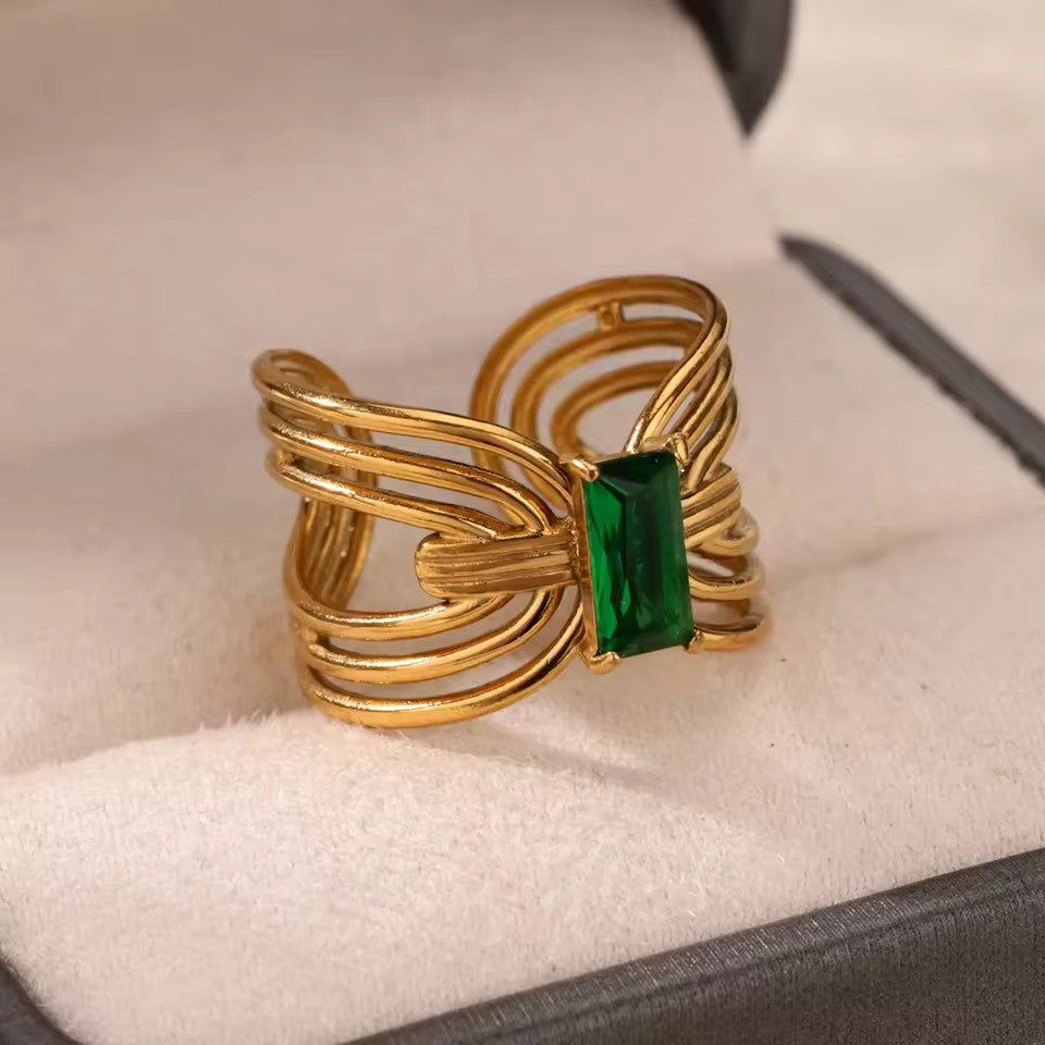 Vintage Green Zircon Adjustable Ring – Gold-Tone Stainless Steel Jewelry for Women