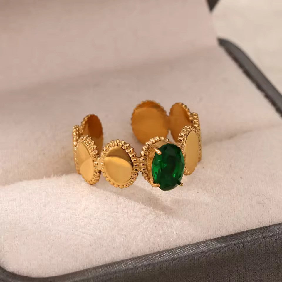 Vintage Green Zircon Adjustable Ring – Gold-Tone Stainless Steel Jewelry for Women