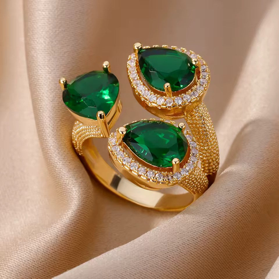 Vintage Green Cubic Zircon Adjustable Ring – Gold Stainless Steel Jewelry for Women