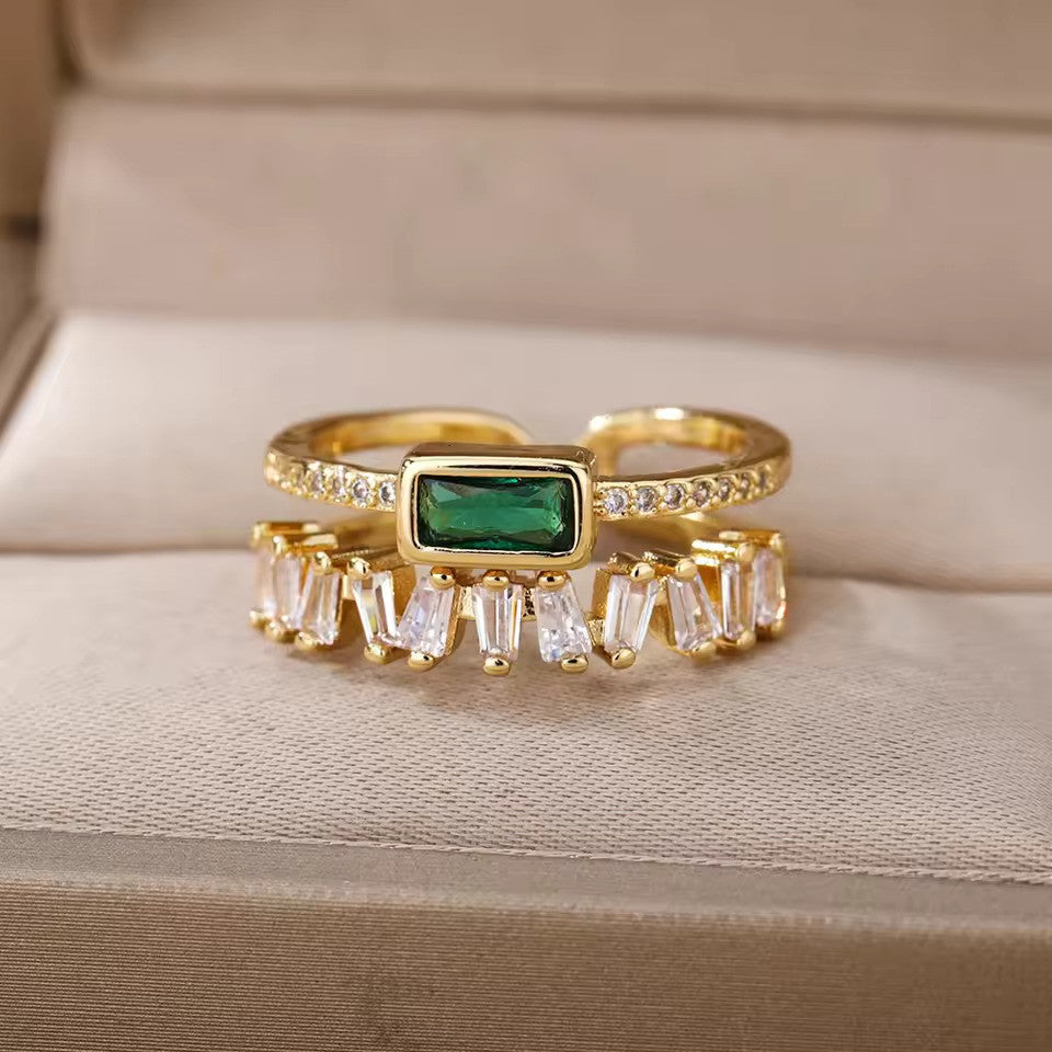 Vintage Green Cubic Zircon Adjustable Ring – Gold Stainless Steel Jewelry for Women