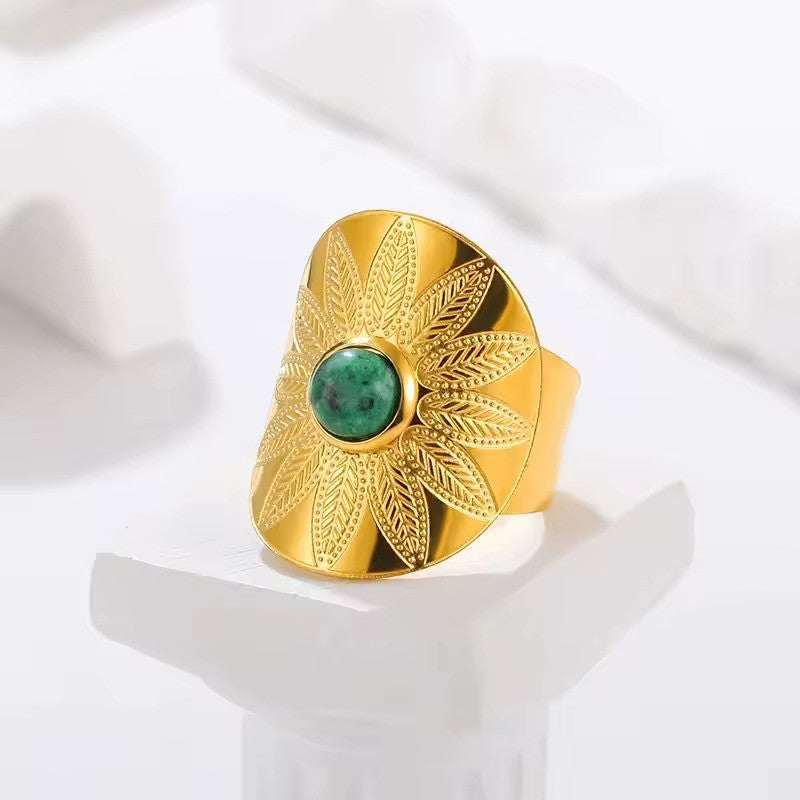 Vintage Green Cubic Zircon Adjustable Ring – Gold Stainless Steel Jewelry for Women