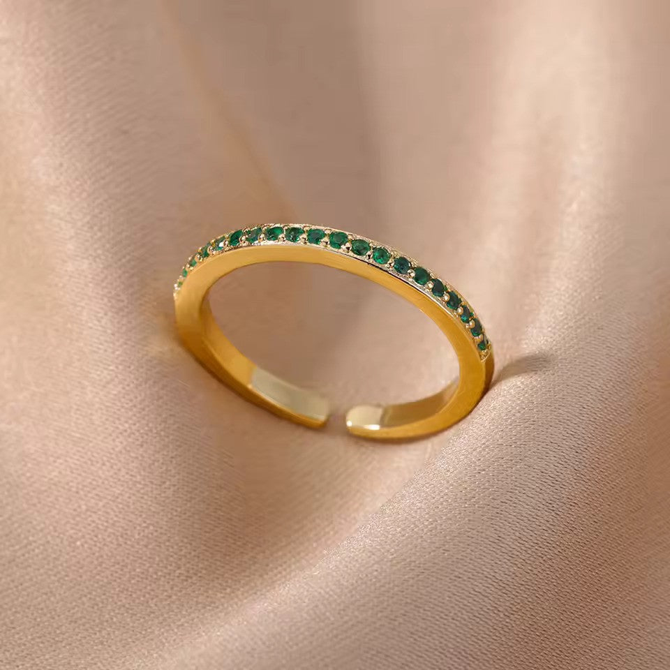 Vintage Green Cubic Zircon Adjustable Ring – Gold Stainless Steel Jewelry for Women