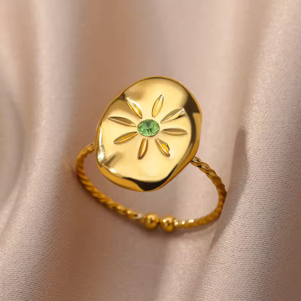 Vintage Green Cubic Zircon Adjustable Ring – Gold Stainless Steel Jewelry for Women