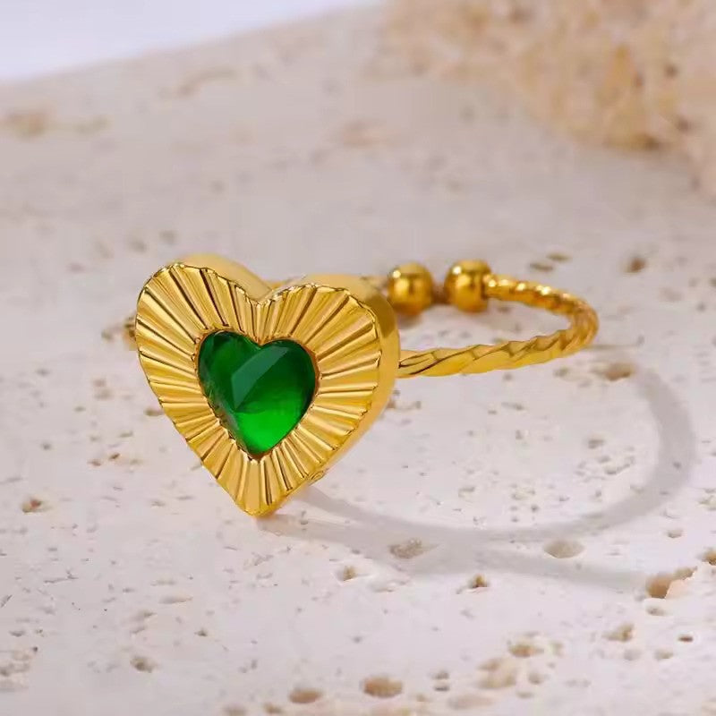 Vintage Green Cubic Zircon Adjustable Ring – Gold Stainless Steel Jewelry for Women