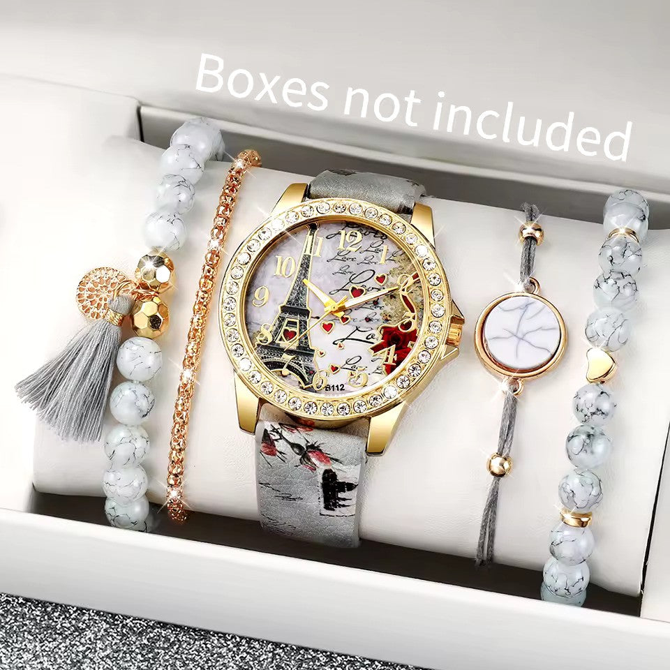 5PCS Women’s Fashion Rhinestone Watch & Bracelet Set – Floral Leather Band Quartz Watches
