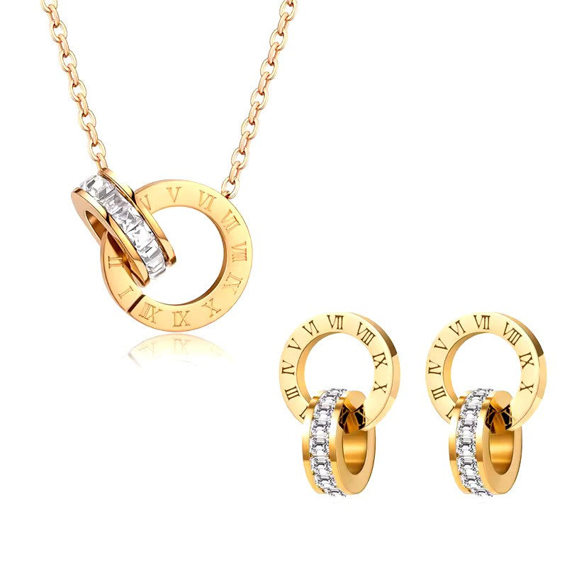 Classic Roman Numeral Jewelry Set – Stainless Steel Earrings & Necklace