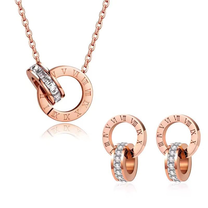 Classic Roman Numeral Jewelry Set – Stainless Steel Earrings & Necklace