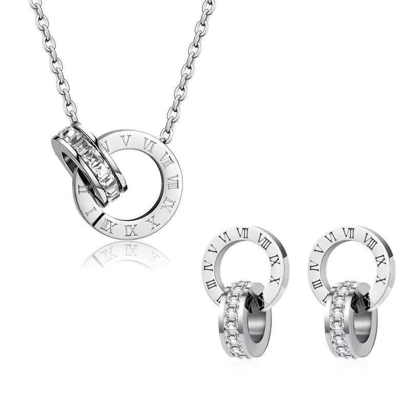 Classic Roman Numeral Jewelry Set – Stainless Steel Earrings & Necklace