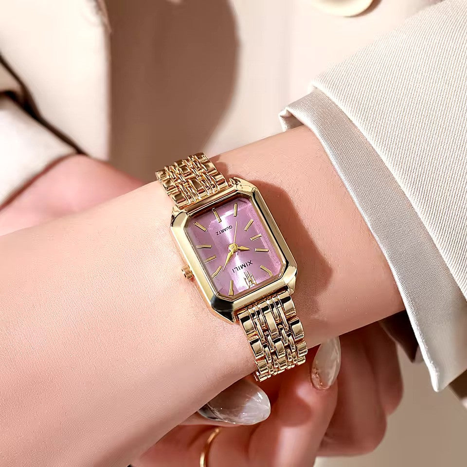 Women’s Business Luxury Quartz Watch – Simple Scale Square Design with Gold-Plated Stainless Steel and Folding Clasp