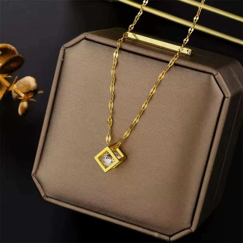 Lustrous Elegance – Zircon Hollow Square Necklace