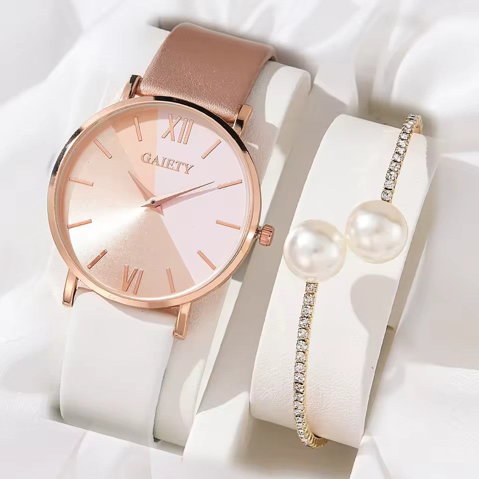 Chic Women’s Luxury Watch Set – Colourful PU Leather Strap & Alloy Bracelet, Elegant Quartz Wristwatch Gift