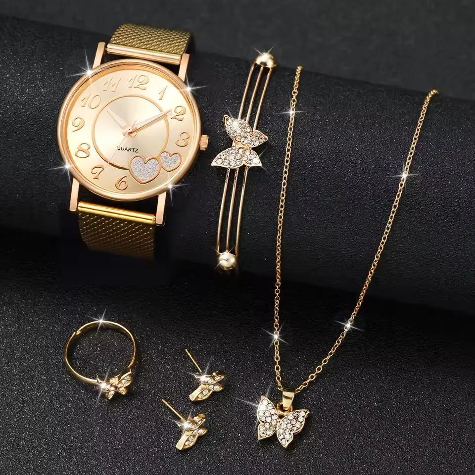 6PCS Women’s Watch & Butterfly Jewelry Set – Elegant & Trendy