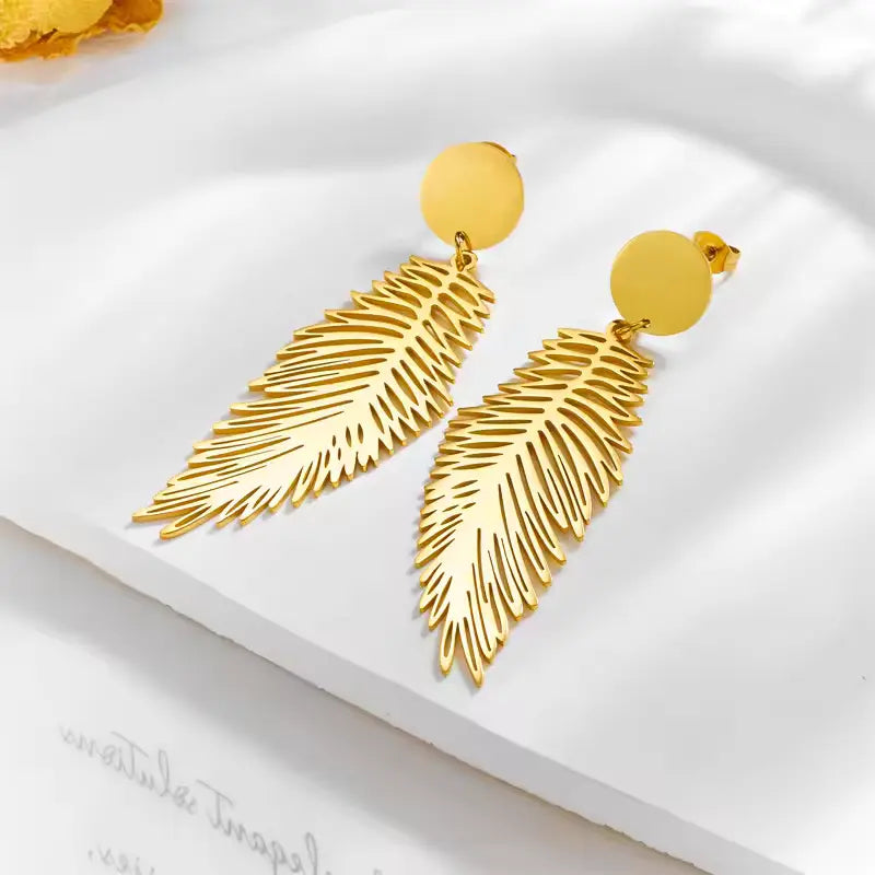 DIEYURO 316L Stainless Steel Gold Feather Drop Earrings for Women – Non-Fading Fashion Jewelry Gift