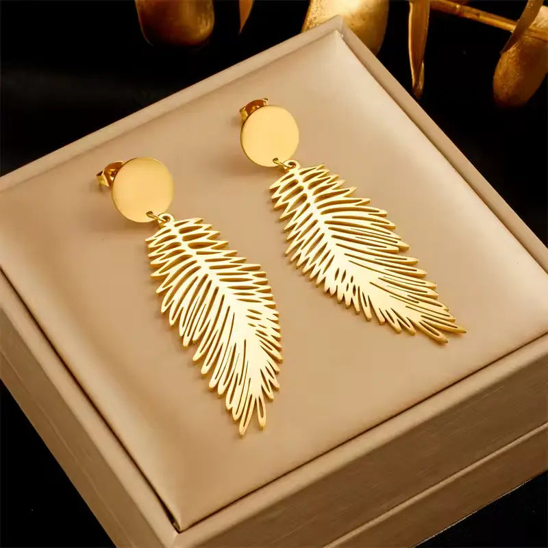 DIEYURO 316L Stainless Steel Gold Feather Drop Earrings for Women – Non-Fading Fashion Jewelry Gift