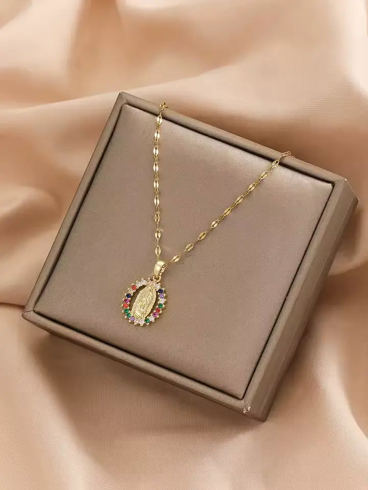 Elegant Virgin Mary Star Necklace – Colorful Zircon & Hollow Design