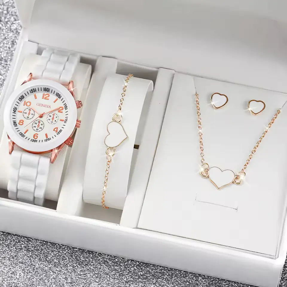 4PCS Women’s Watch & Heart Jewelry Set – Chic & Trendy