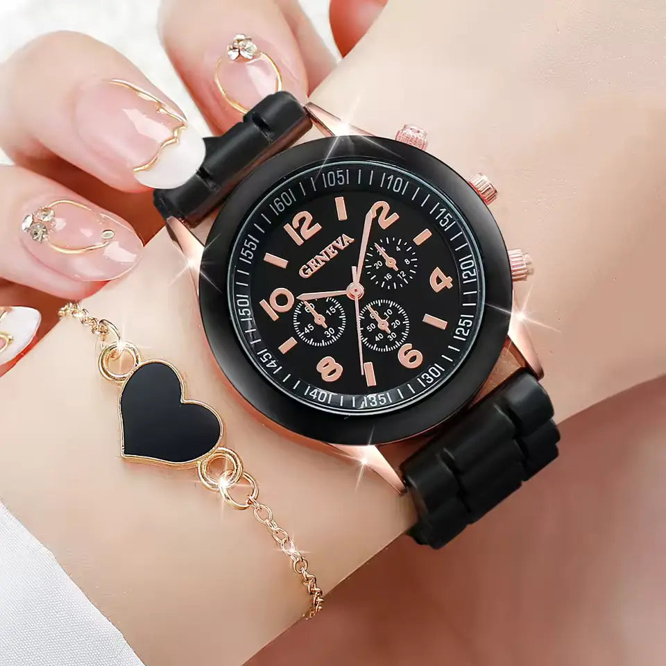 4PCS Women’s Watch & Heart Jewelry Set – Chic & Trendy