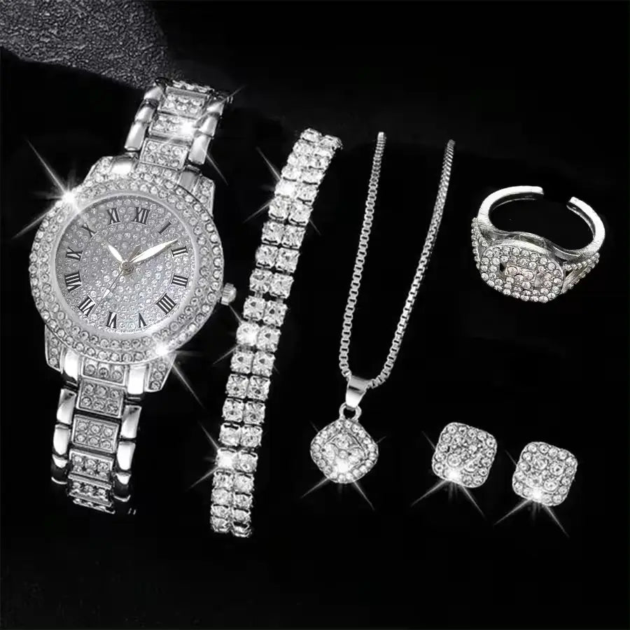 6PCS Luxury Women’s Watch & Bracelet Set – Elegant Crystal Design