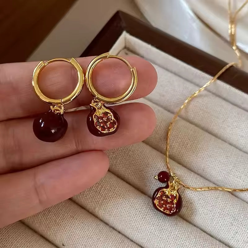 Red Pomegranate Drop Earrings for Women – Gold Color Fruit Design