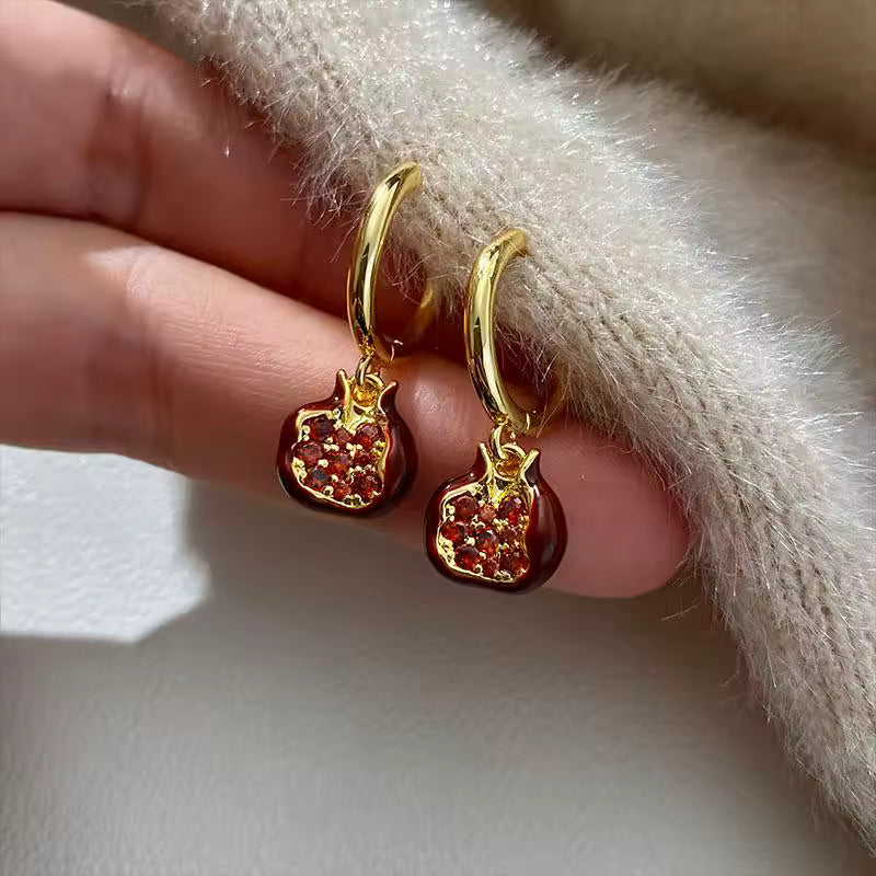 Red Pomegranate Drop Earrings for Women – Gold Color Fruit Design