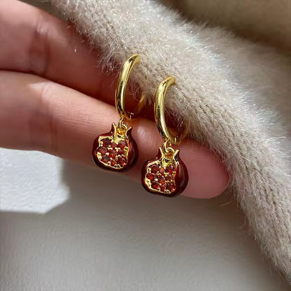 Red Pomegranate Drop Earrings for Women – Gold Color Fruit Design