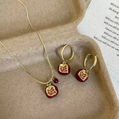 Red Pomegranate Drop Earrings for Women – Gold Color Fruit Design