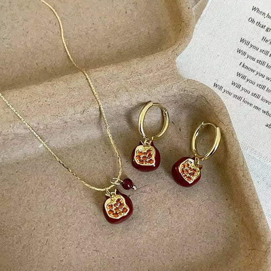 Red Pomegranate Drop Earrings for Women – Gold Color Fruit Design
