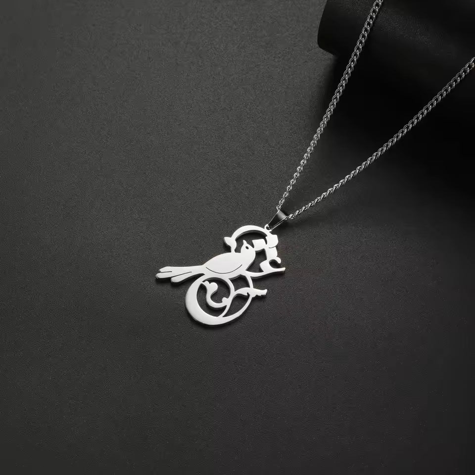 Silver pendant on a chain against a dark background