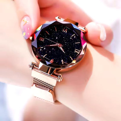 WoWomen's Fashion Starry Sky Watch – Magnetic Buckle Mesh Belt Diamond Quartz Dress Watch