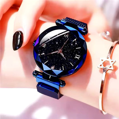WoWomen's Fashion Starry Sky Watch – Magnetic Buckle Mesh Belt Diamond Quartz Dress Watch