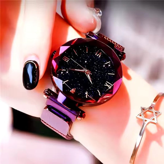 WoWomen's Fashion Starry Sky Watch – Magnetic Buckle Mesh Belt Diamond Quartz Dress Watch