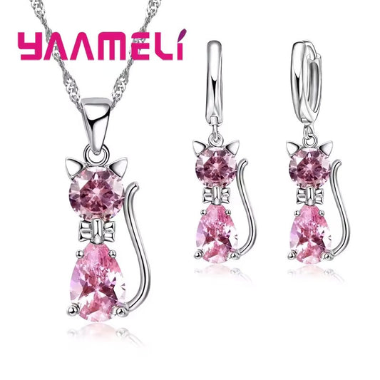 925 Sterling Silver Cat Jewelry Set – Adorable Sparkle for Cat Lovers