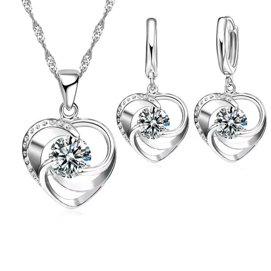 Romantic 925 Sterling Silver Heart Necklace & Earrings Set – Elegant Gift for Her