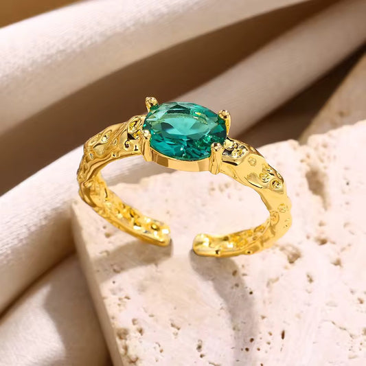 Vintage Green Cubic Zircon Adjustable Ring – Gold Stainless Steel Jewelry for Women