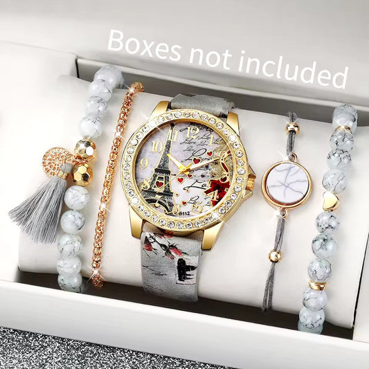 5PCS Women’s Fashion Rhinestone Watch & Bracelet Set – Floral Leather Band Quartz Watches