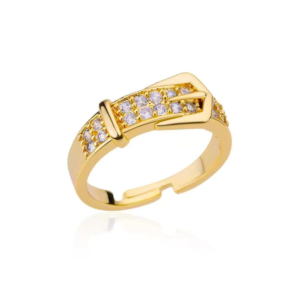 Adjustable Zircon Belt Ring – Stainless Steel Elegant Jewelry for Women