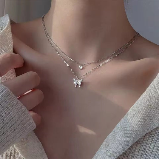 Shiny Double-Layer Butterfly Necklace – Elegant Jewelry for Women