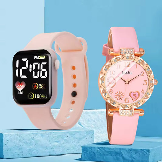 2PCS Fashion Square Electronic & Leather Quartz Wrist Watch Set – Stylish & Trendy