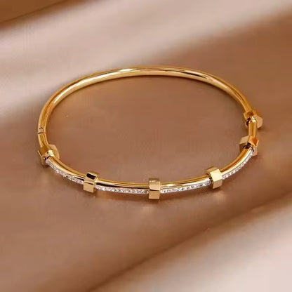 Trendy Round Cubic Zirconia Bangles – Gold & Silver Stainless Steel Crystal Bracelet
