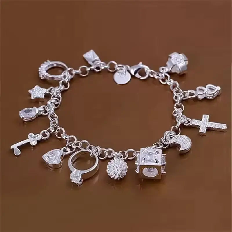 Elegant European & American Silver Pendant Bracelet – Stylish Multi-Element Design