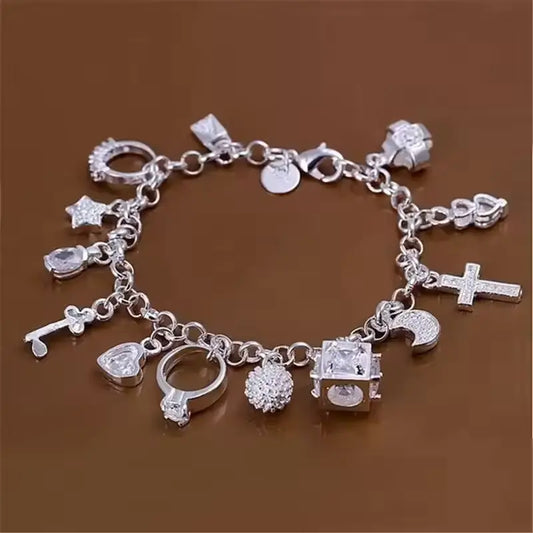Elegant European & American Silver Pendant Bracelet – Stylish Multi-Element Design