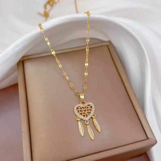 ZAKOL Classic Gold Stainless Steel Necklace – Zircon Heart Pendant for Women