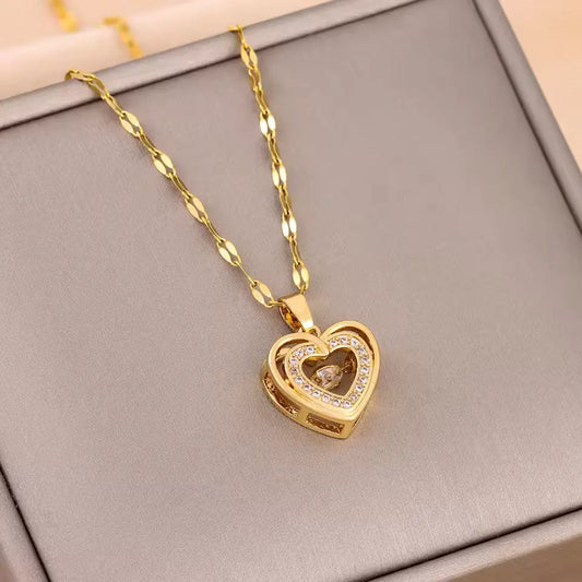 ZAKOL Classic Gold Necklace – Shiny Zircon Heart Pendant for Women