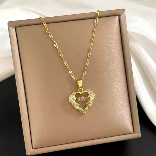 ZAKOL Classic Gold Stainless Steel Necklace – Zircon Heart Pendant for Women