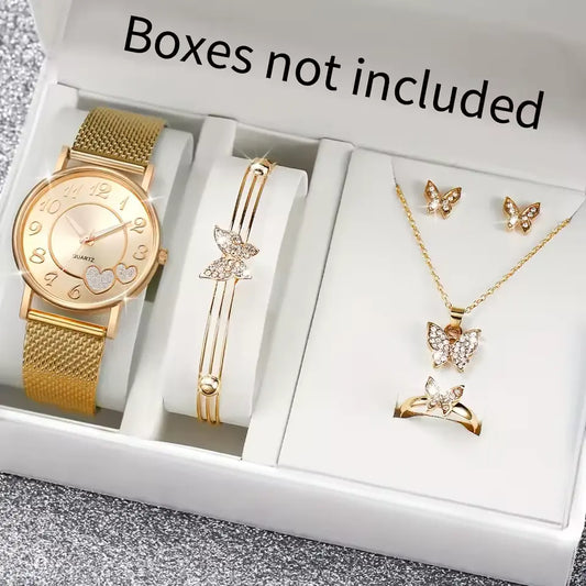 6PCS Women’s Watch & Butterfly Jewelry Set – Elegant & Trendy
