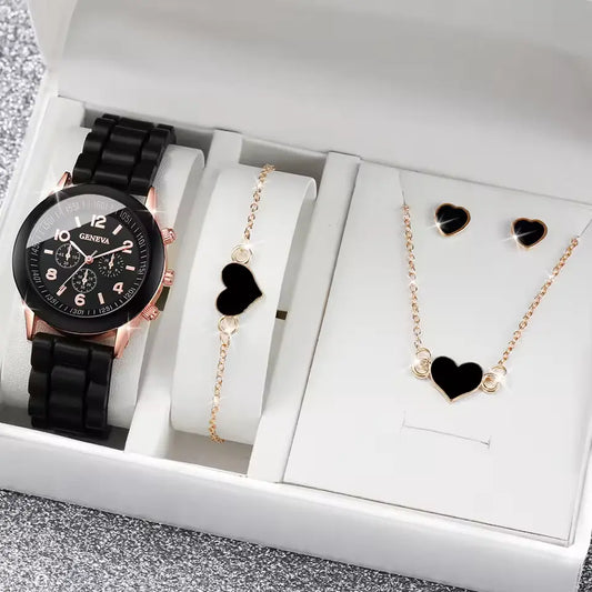 4PCS Women’s Watch & Heart Jewelry Set – Chic & Trendy